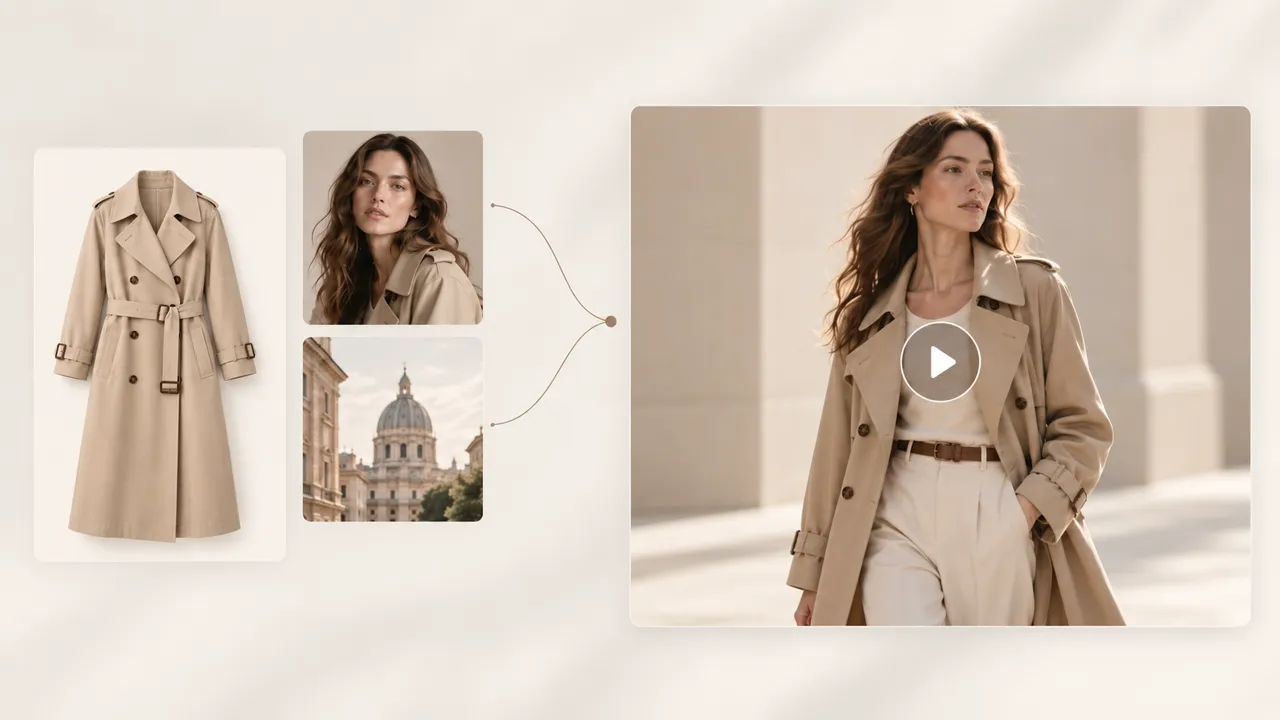 Trenchcoat-, Model- und Stadt-Assets kombiniert zu einem Modevideo mit Model