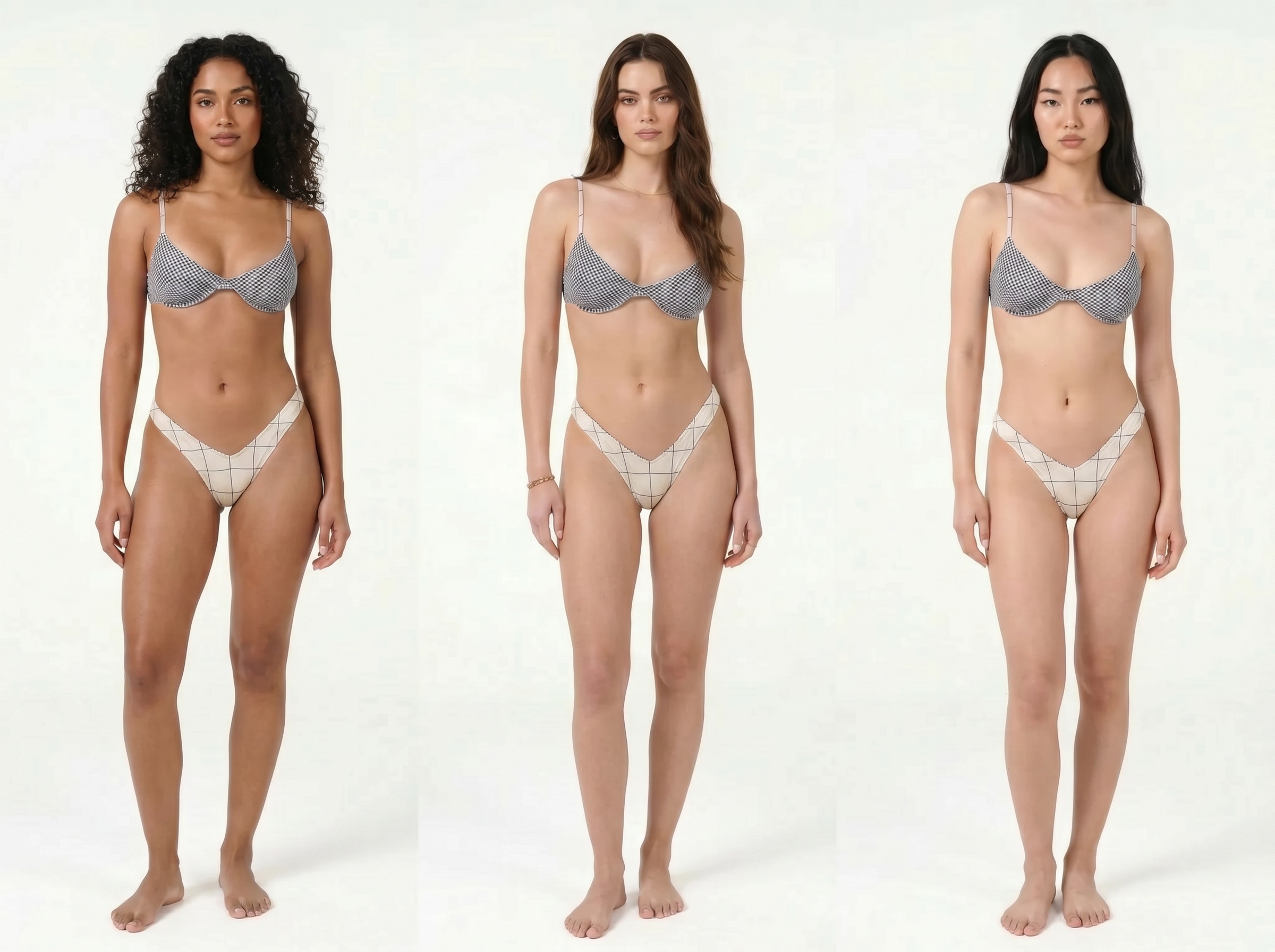 KOOZEE generates bikini models in various styles, all wearing the same bikini design