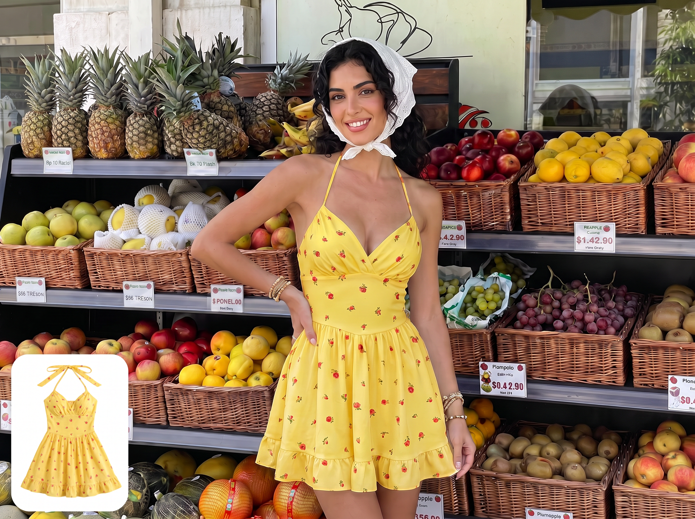 Corrector de colores con IA para la prueba virtual de un vestido amarillo con un tono coherente