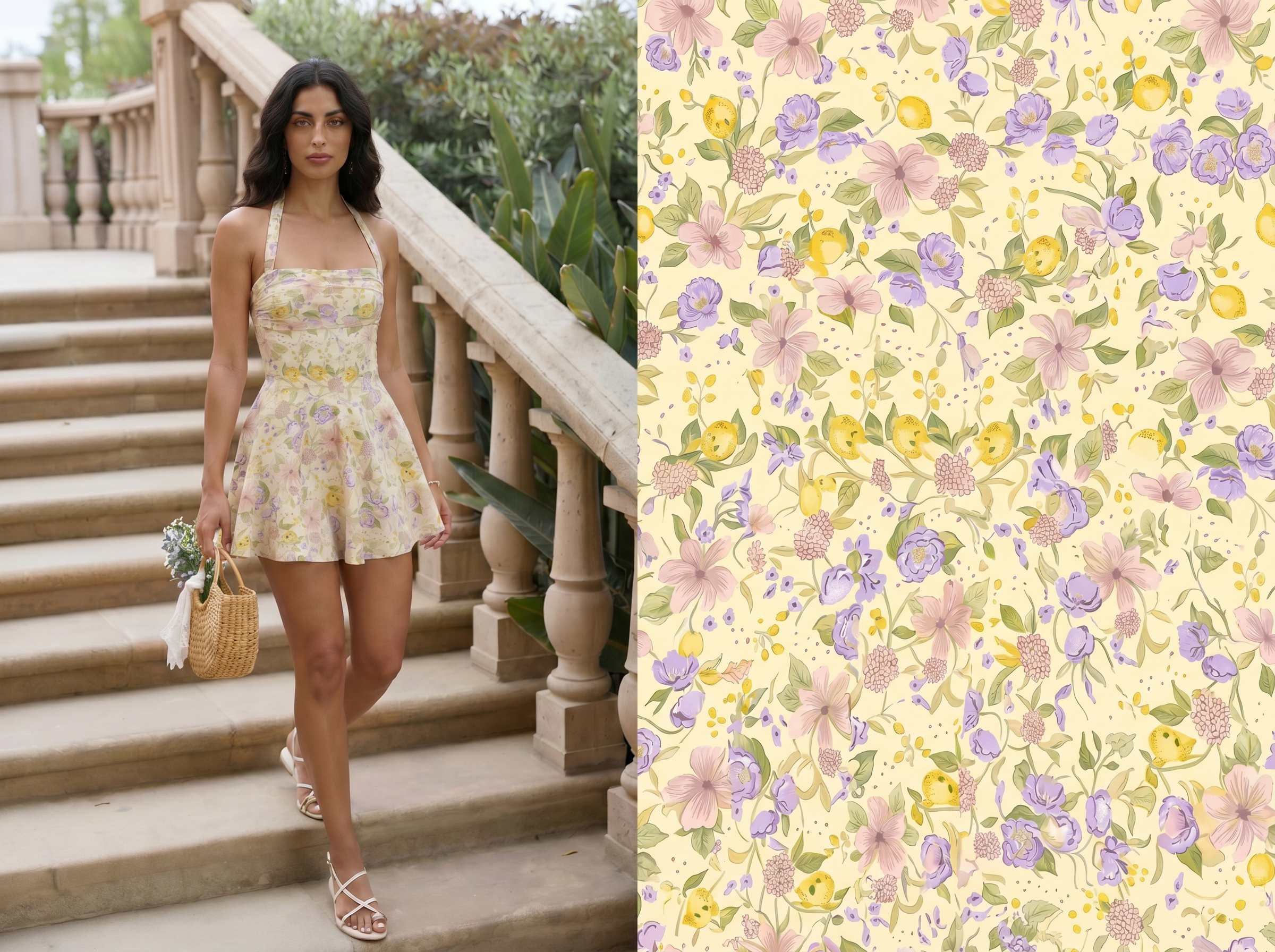 FASHN vs Koozee floral romper on model with matching fabric pattern swatch