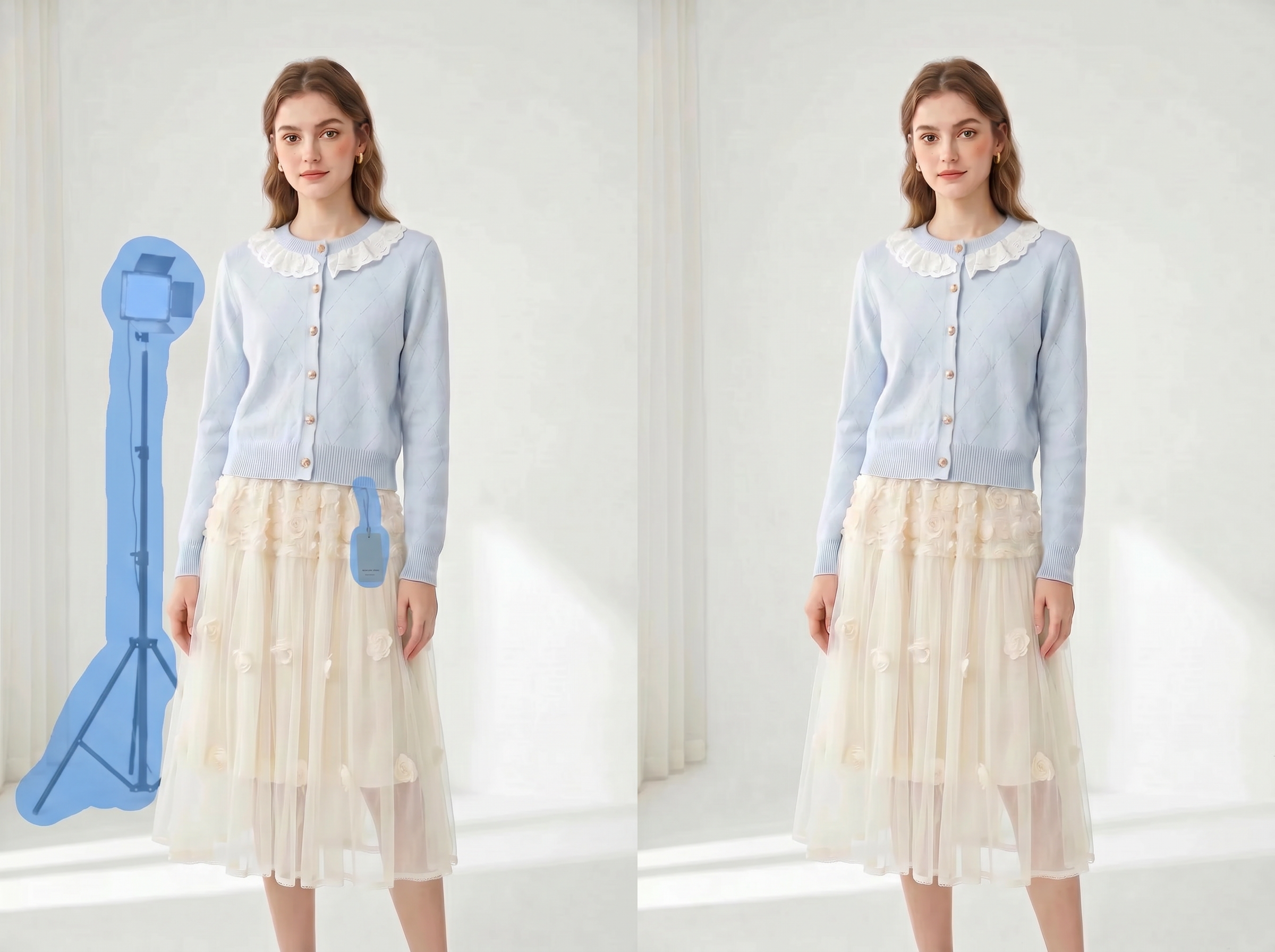 Using brush erasing in AI removal to retouch fine detail areas in fashion photos