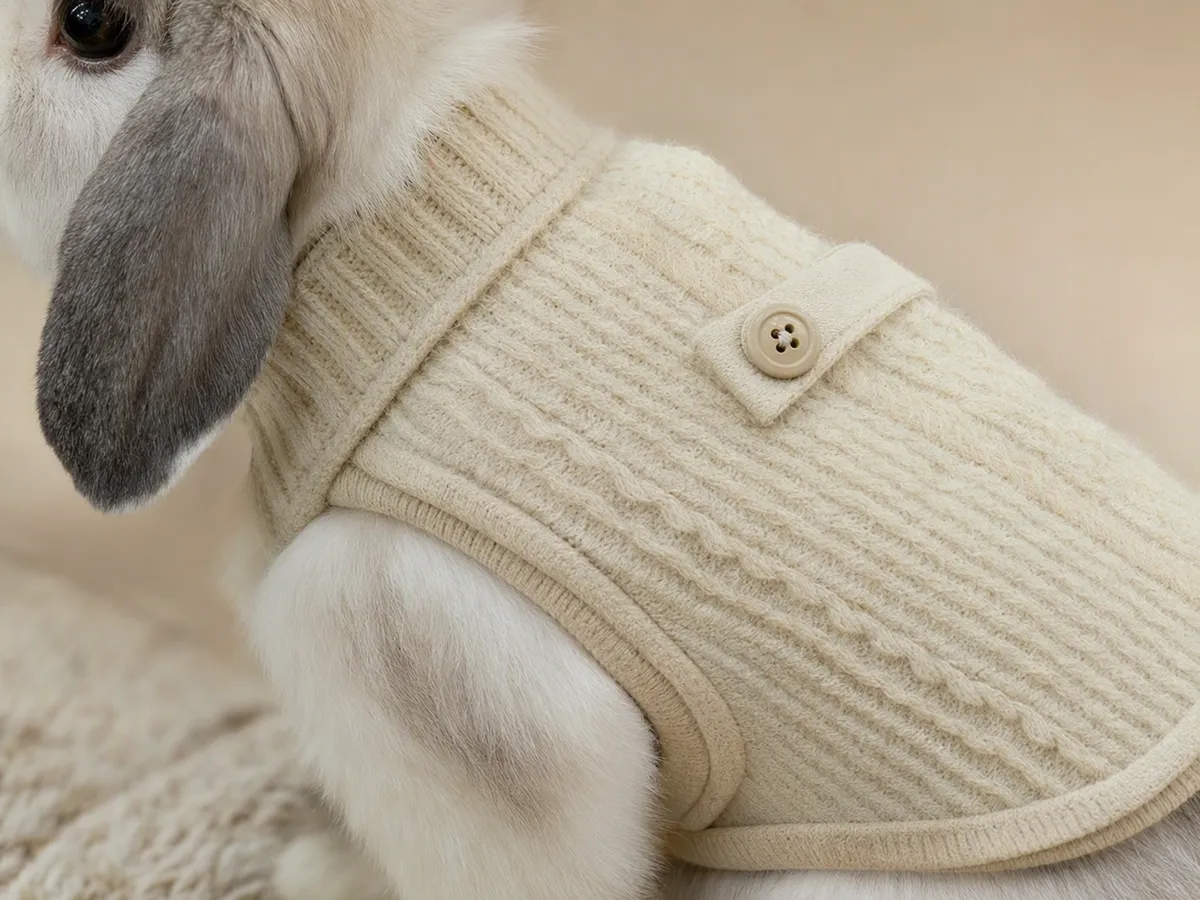 Close‑up of grey‑white lop‑eared rabbit wearing cream cable‑knit vest