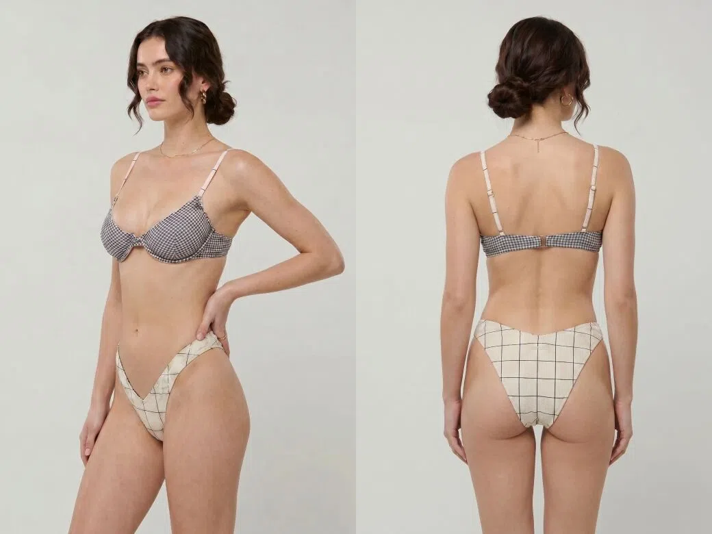 Front and back view comparison of the same fashion model generated by KOOZEE AI angle change tool
