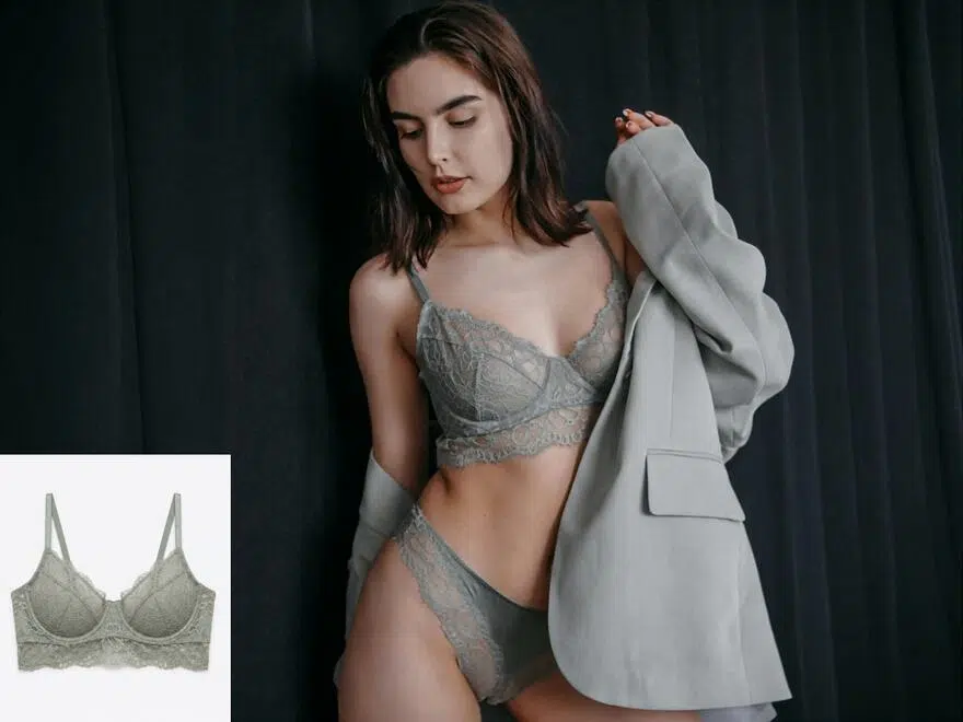 Lingerie try-on images generated by KOOZEE AI lingerie and bodycon virtual try-on tool.