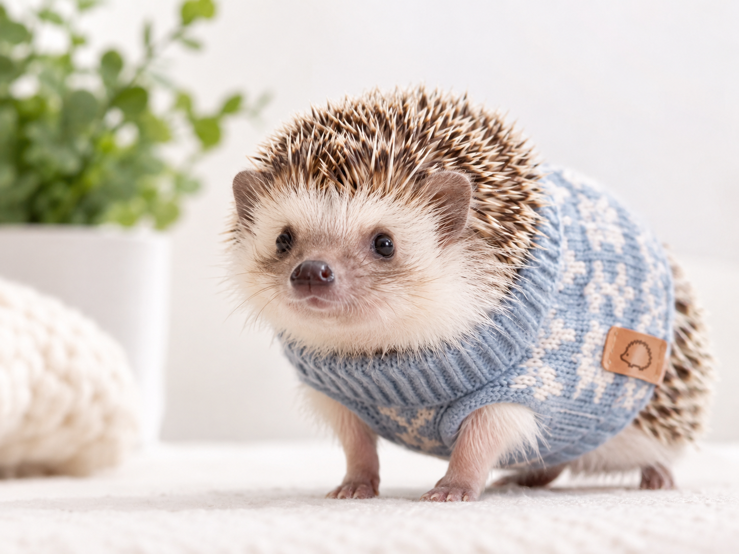 Hedgehog wearing a pet sweater generated by AI pet clothes changer