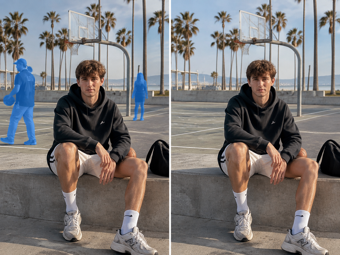 Antes y después que muestra la reconstrucción del fondo con IA tras eliminar a una persona de una foto