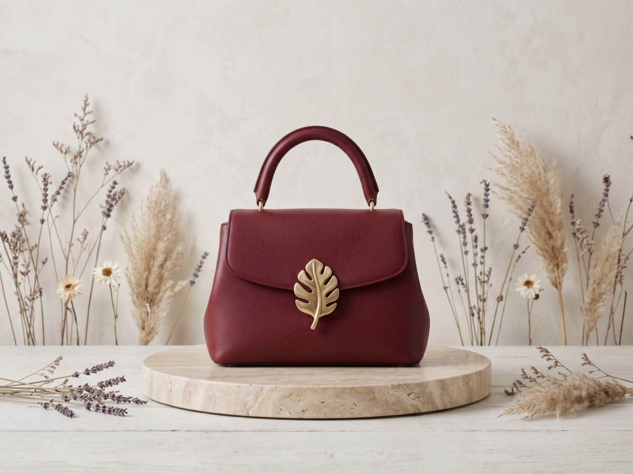 A dark red leather handbag