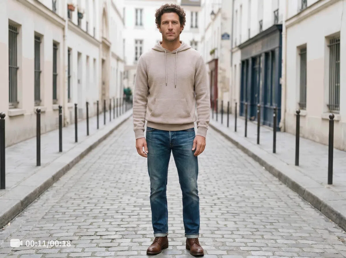 A man in a beige hoodie and jeans stands in a cobblestone alley
