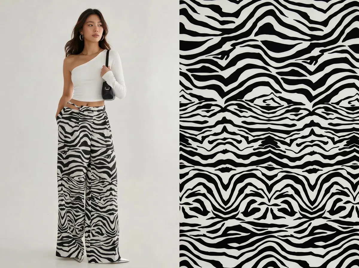 Pebblely vs Koozee zebra print trousers on model with matching fabric pattern