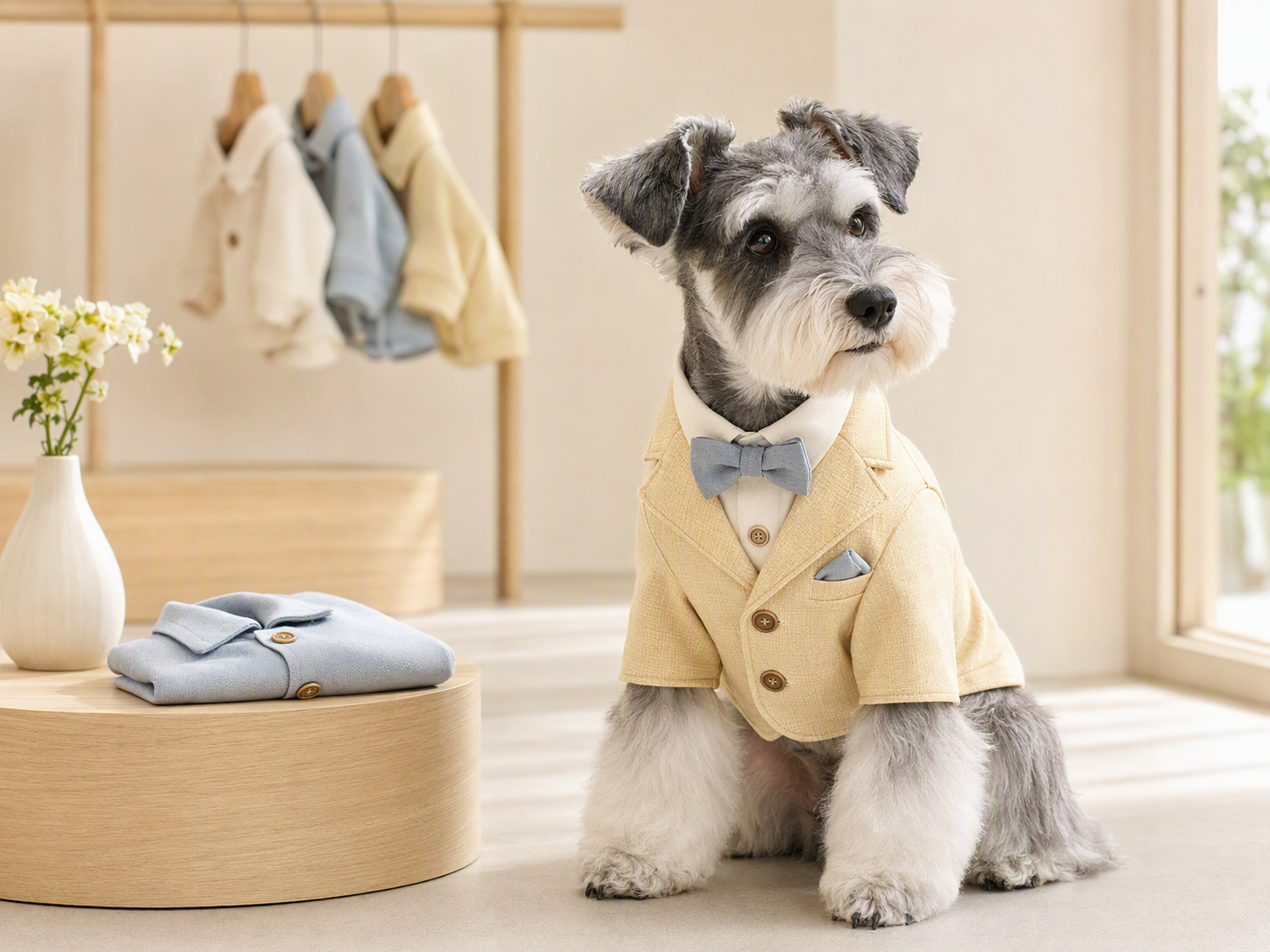 Schnauzer dog wearing light yellow suit outfit