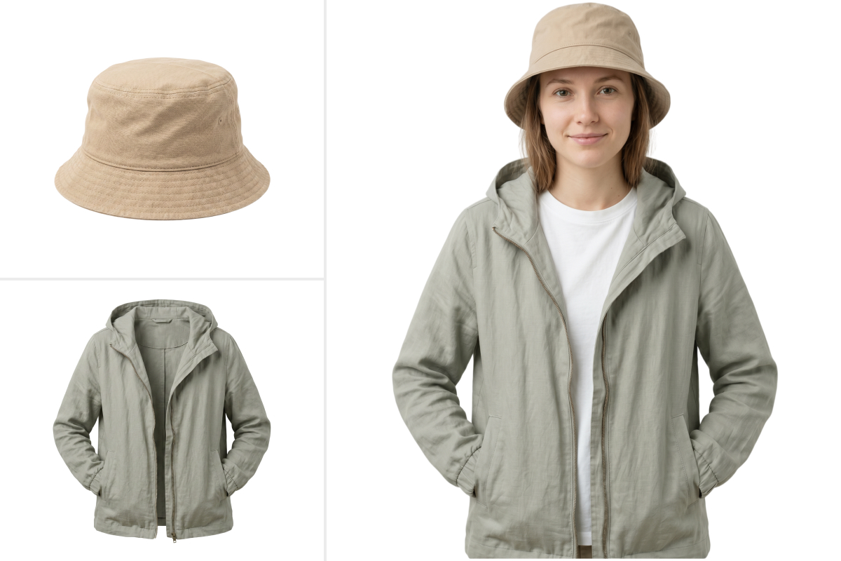 remove.bg vs Koozee bucket hat and linen jacket cutouts turned into a model photo