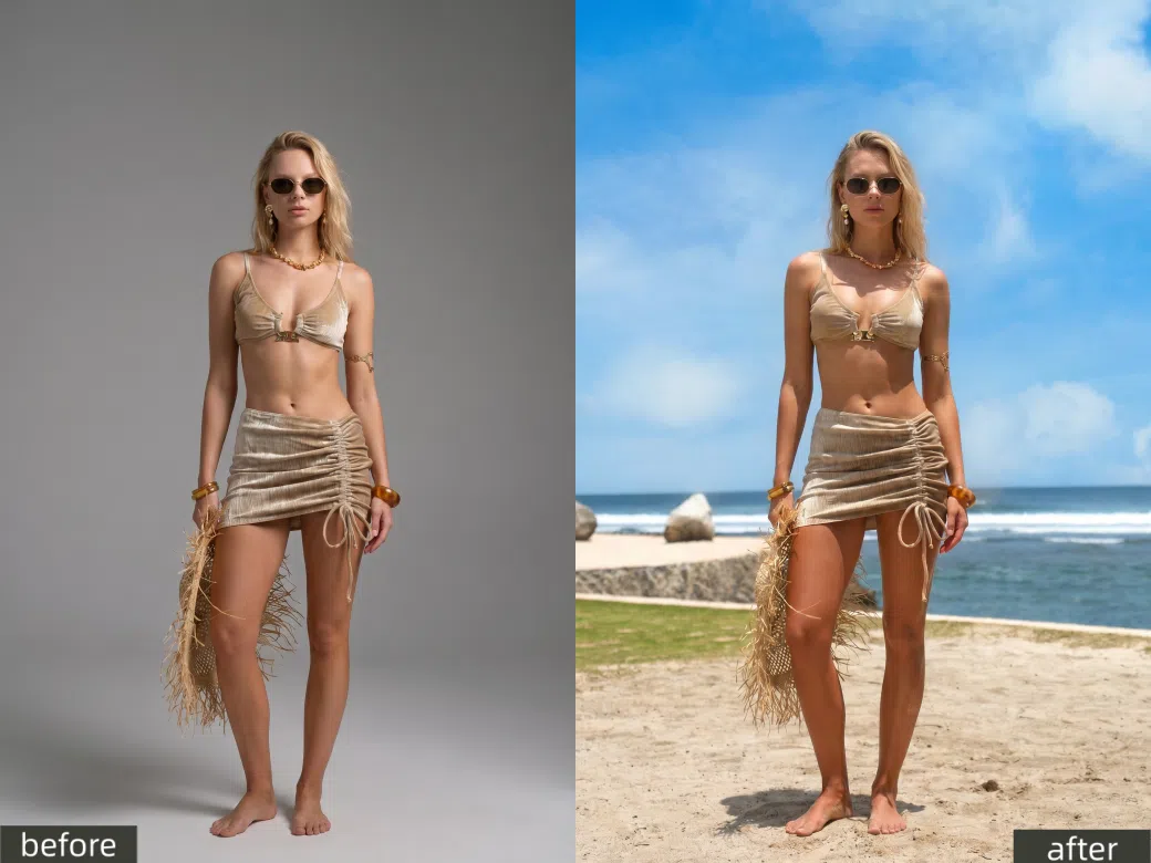 An AI Bikini Generator changes the background for a bikini model