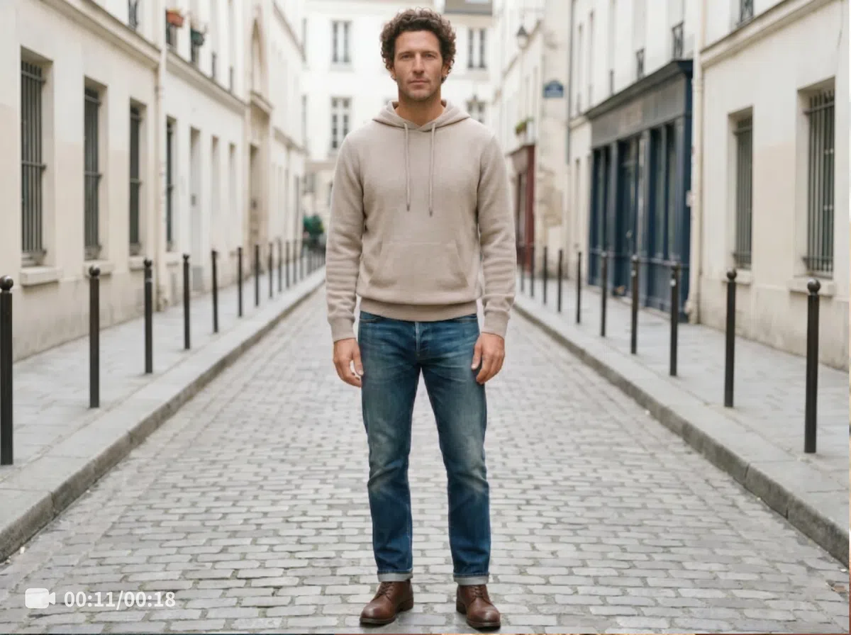 A man in a beige hoodie and jeans stands in a cobblestone alley