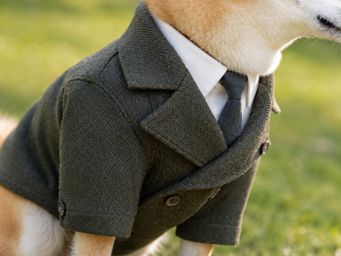 Close‑up of shiba inu wearing suit outdoors, fabric detail