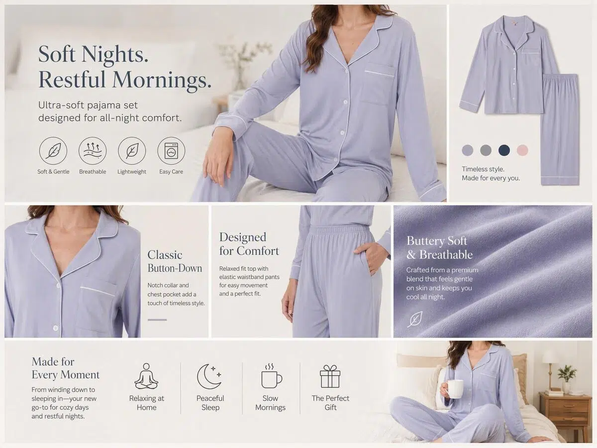 Diseño de la página de un pijama de mujer color lavanda con imágenes en la modelo, tomas en plano y acercamientos a la tela