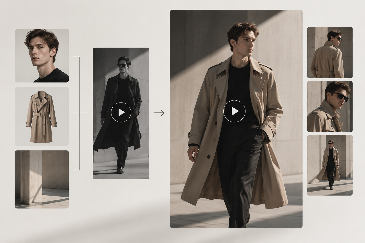 Male model, trench coat and architectural assets combined into a menswear fashion video