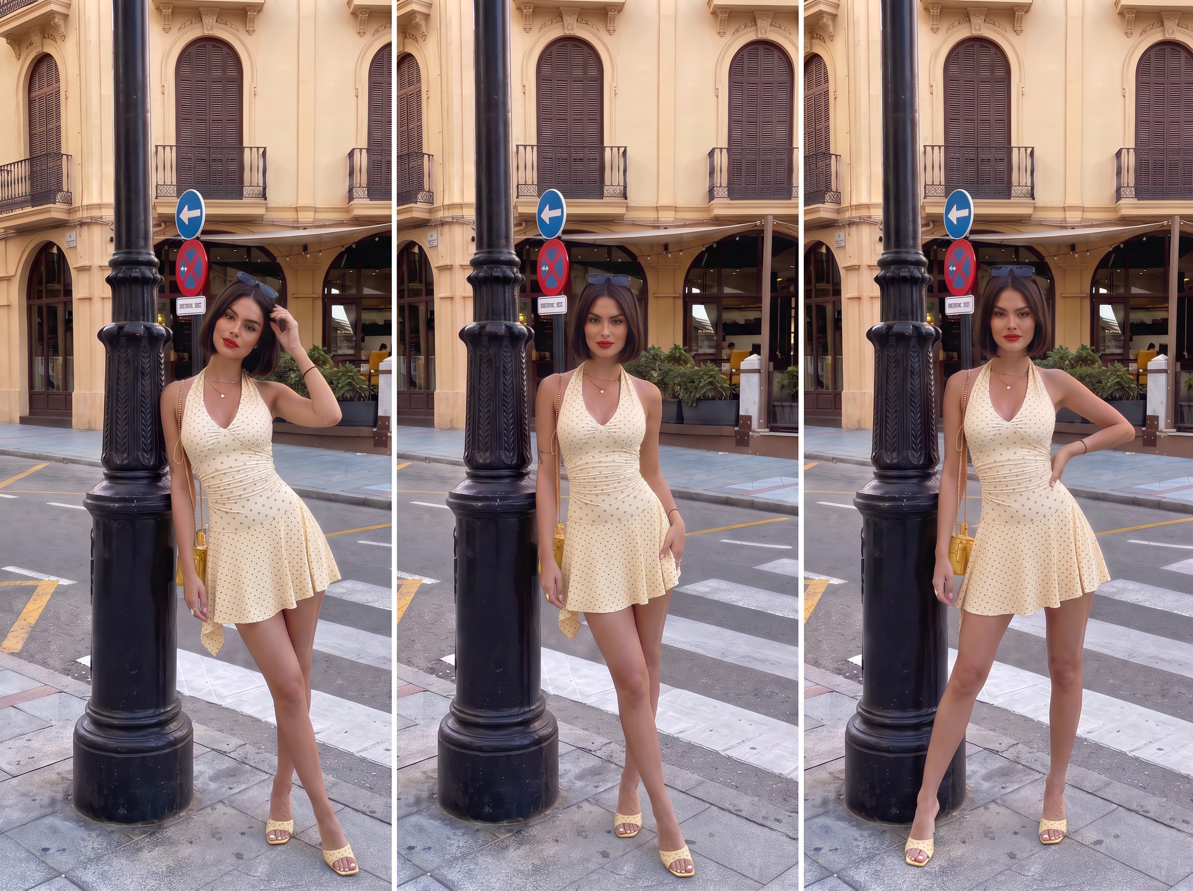 Antes y después de igualar el color de un vestido amarillo con IA por diferencias al tomar fotos en distintos momentos