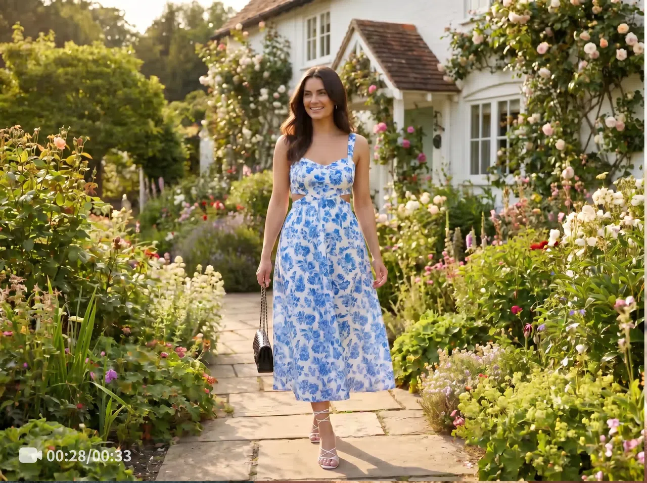 A woman in a blue-and-white floral dress walks on a garden path