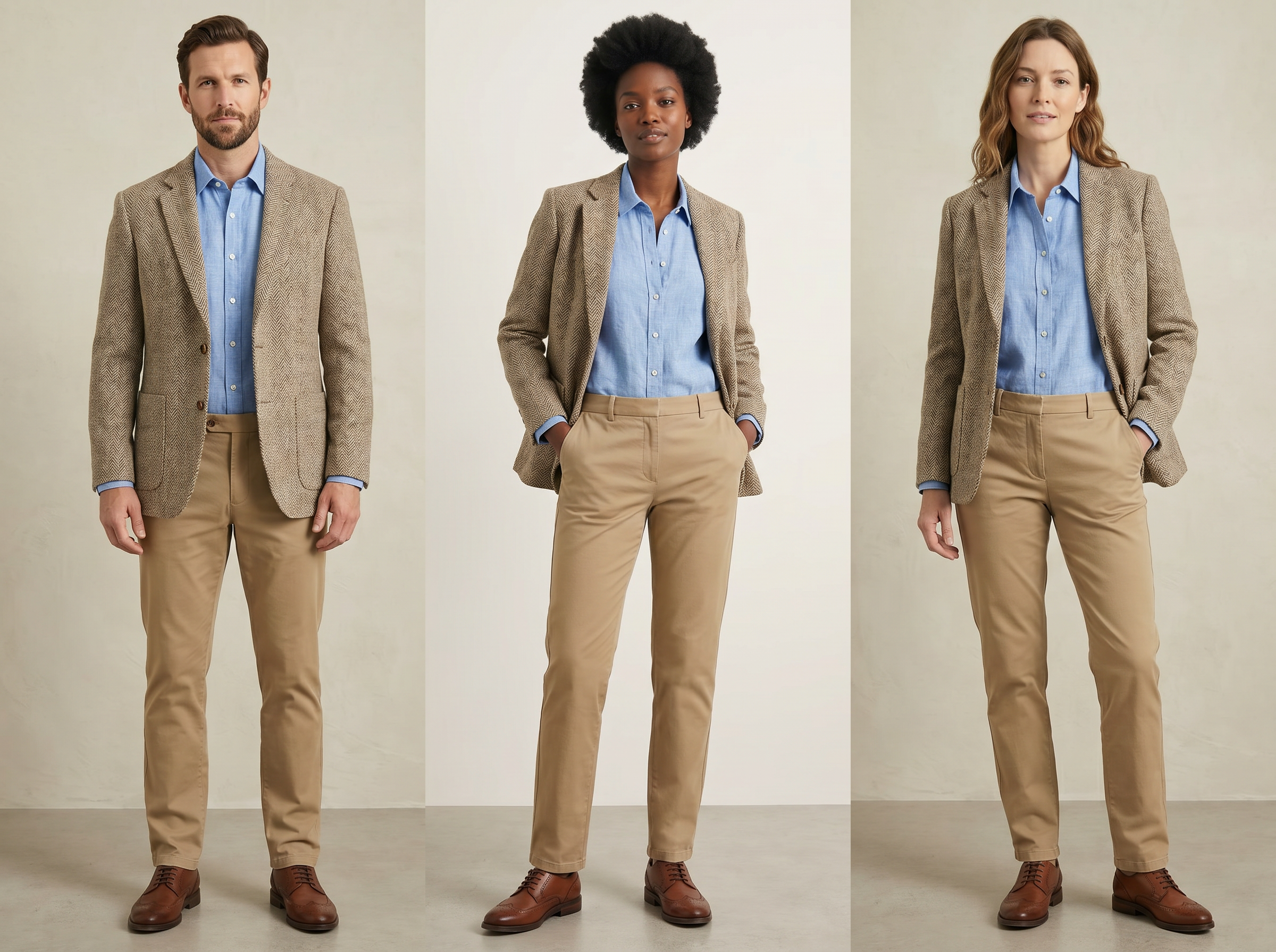Three images of models from different countries generated by KOOZEE AI, showing various styles and professional attire
