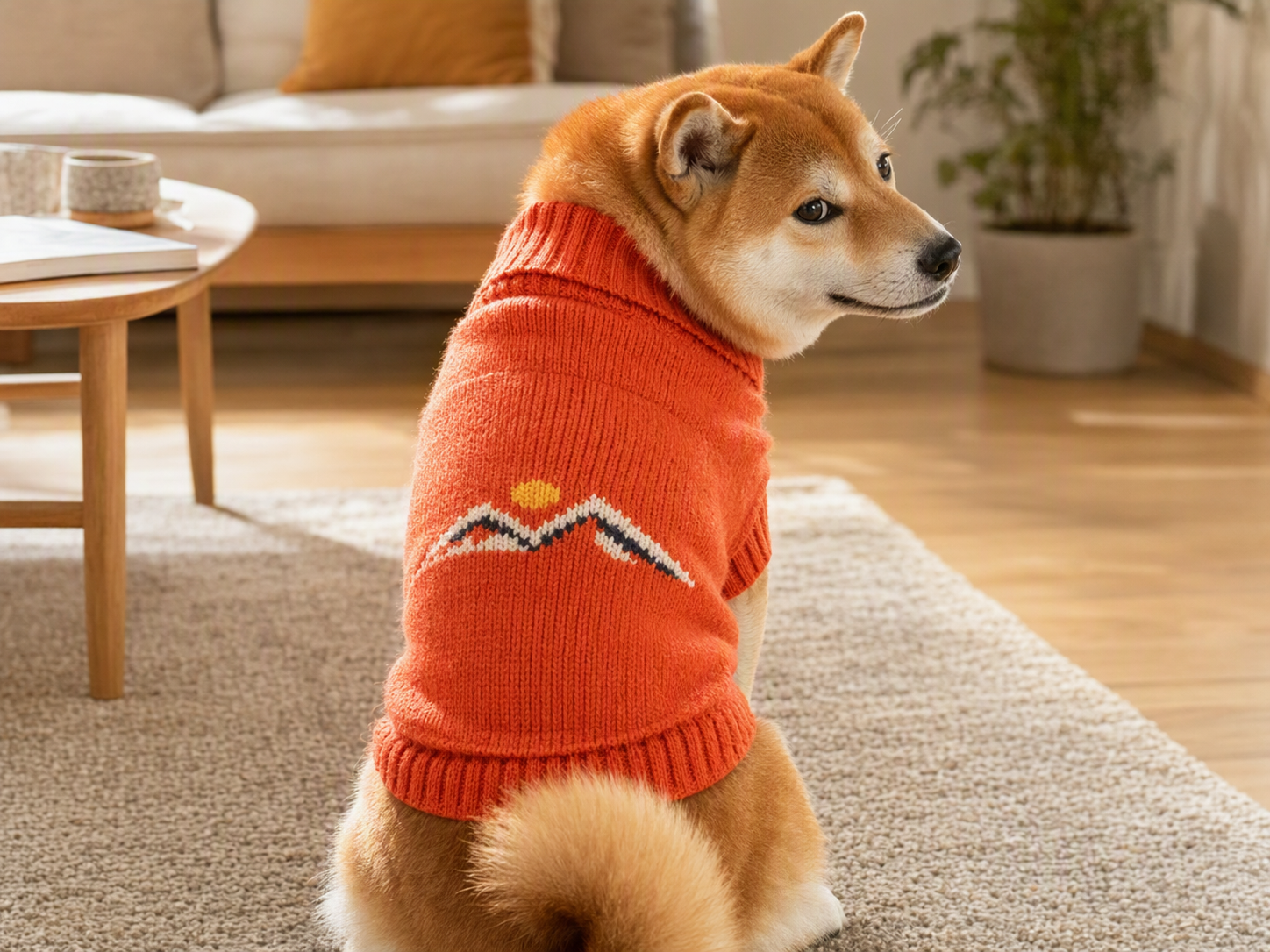 Flat pet sweater product image transformed into an on-dog wearing visual