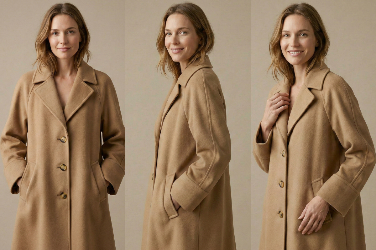 KOOZEE AI-generated images of a woman wearing a coat, featuring varied angles and poses for visual diversity.