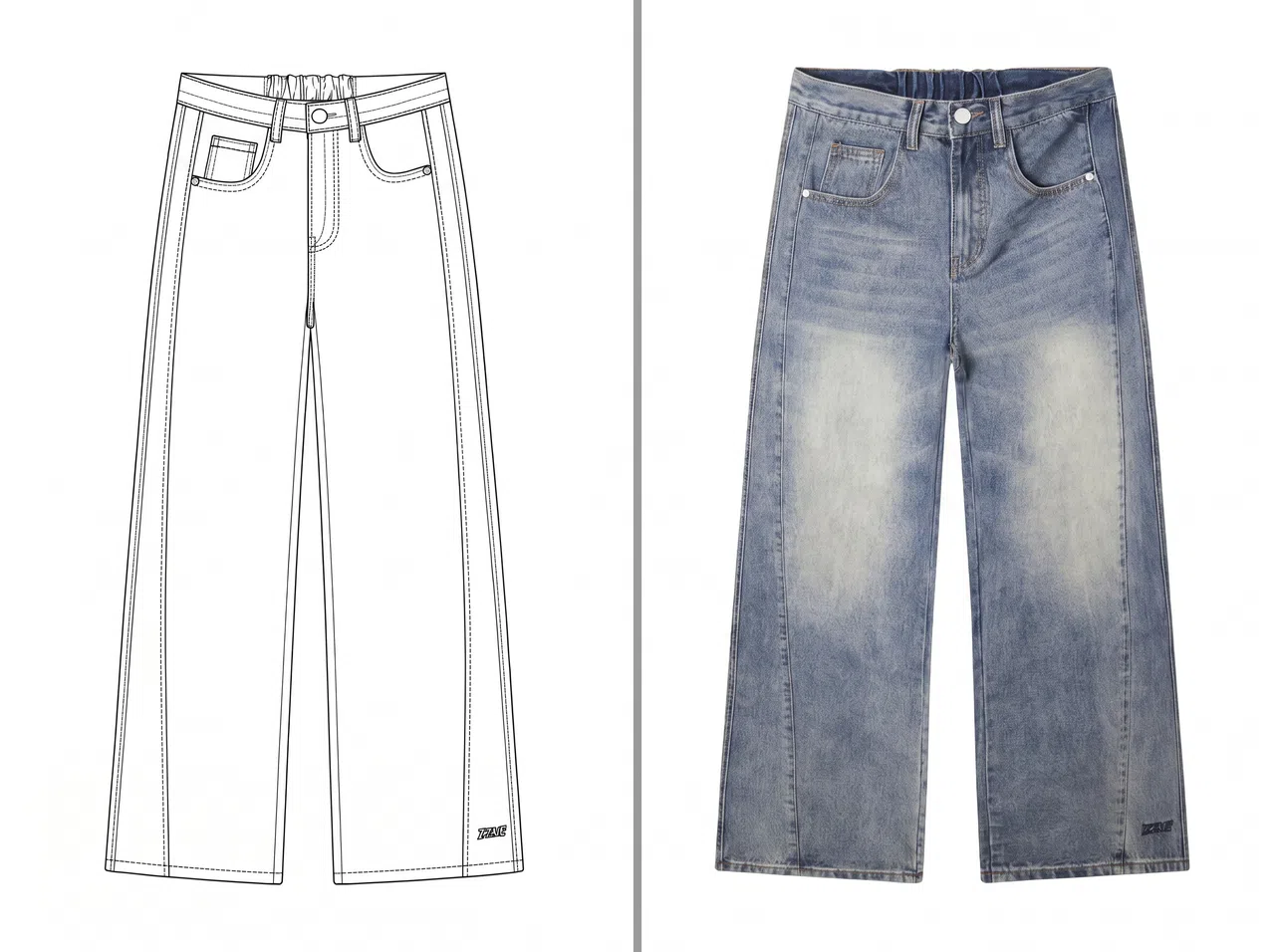 Bitstudio vs Koozee denim jeans sketch rendered into a realistic product image