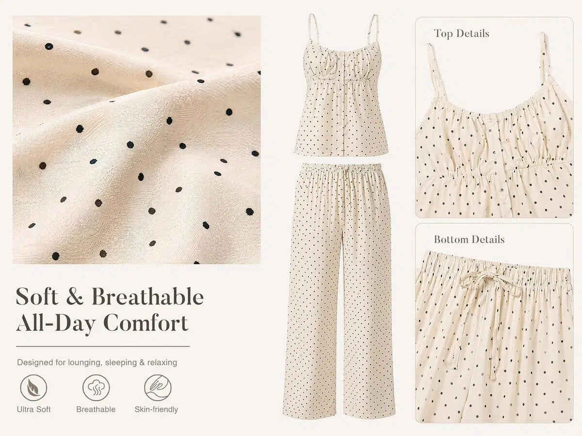 Pebblely vs Koozee polka dot pajama set detail page with fabric close-ups