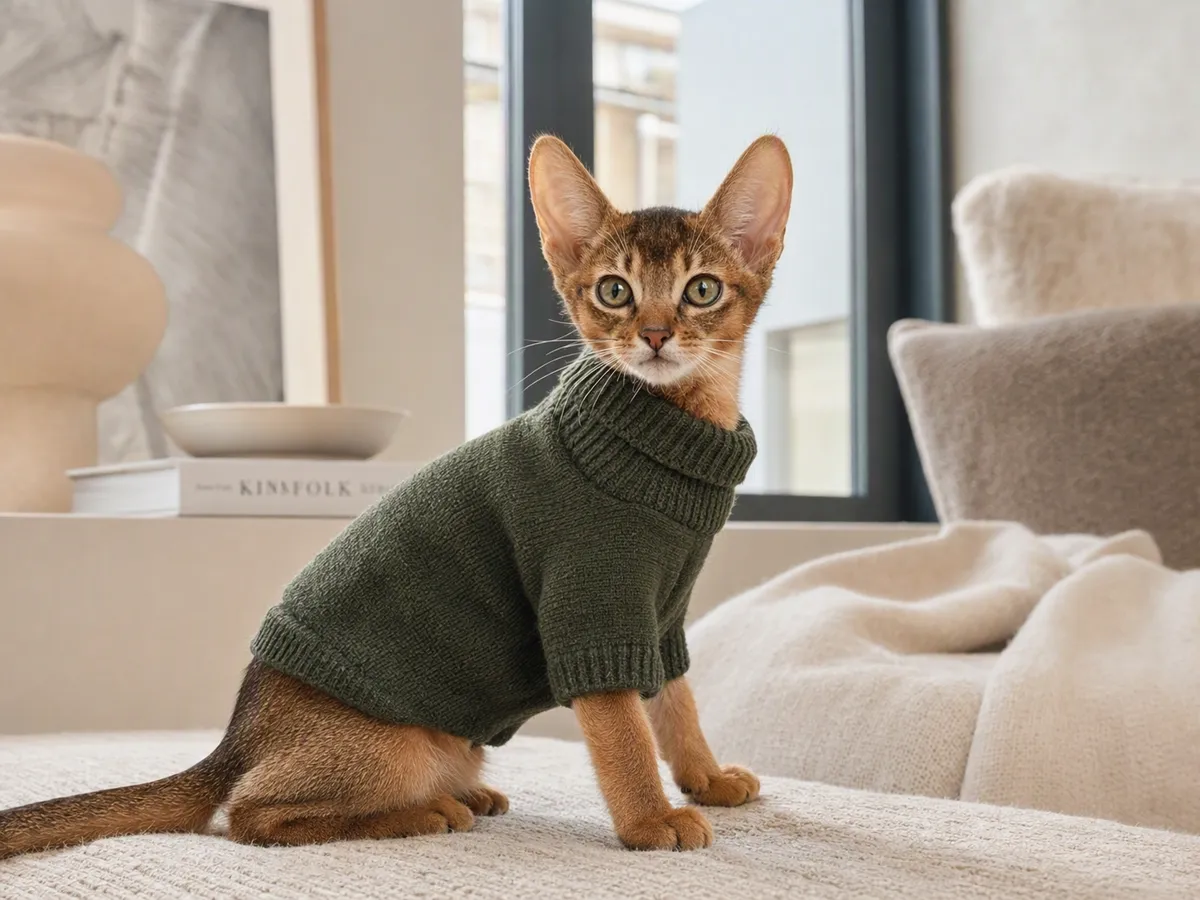 Abyssinian kitten in olive‑green turtleneck knit sweater in modern home interior