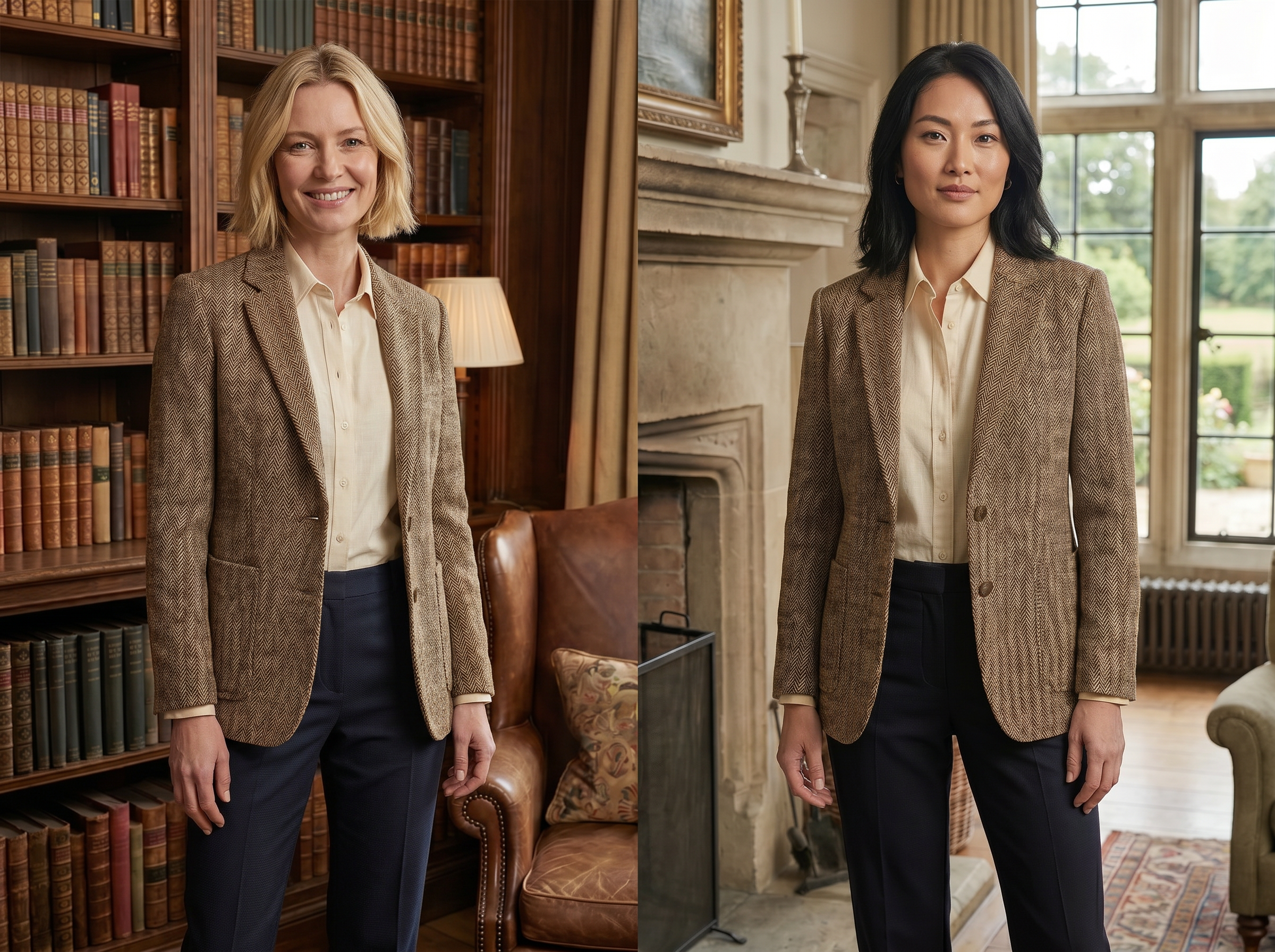Two women wearing identical tan herringbone suits against different backgrounds.