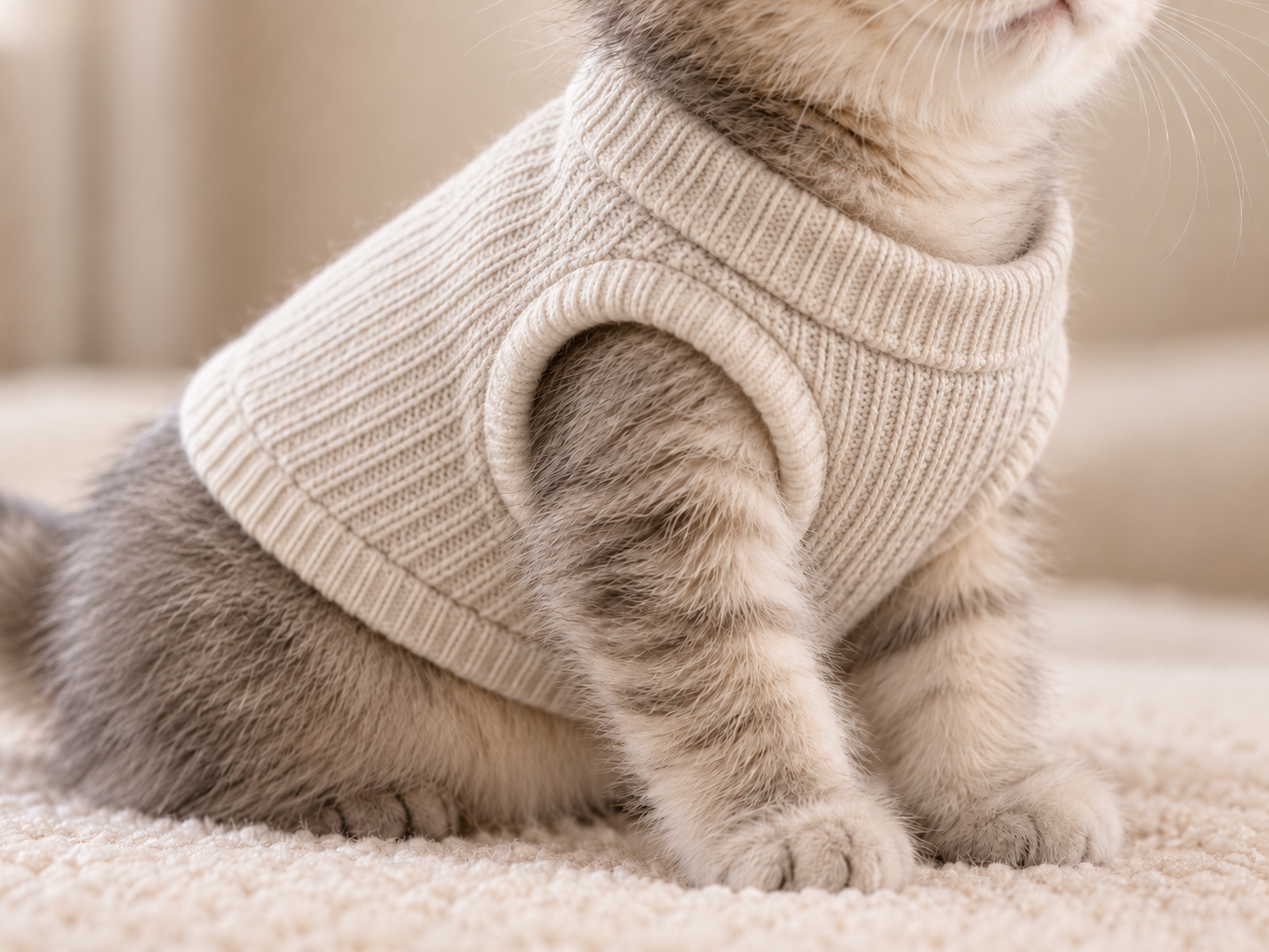 Close-up of a gray-and-white cat in a beige knit vest.