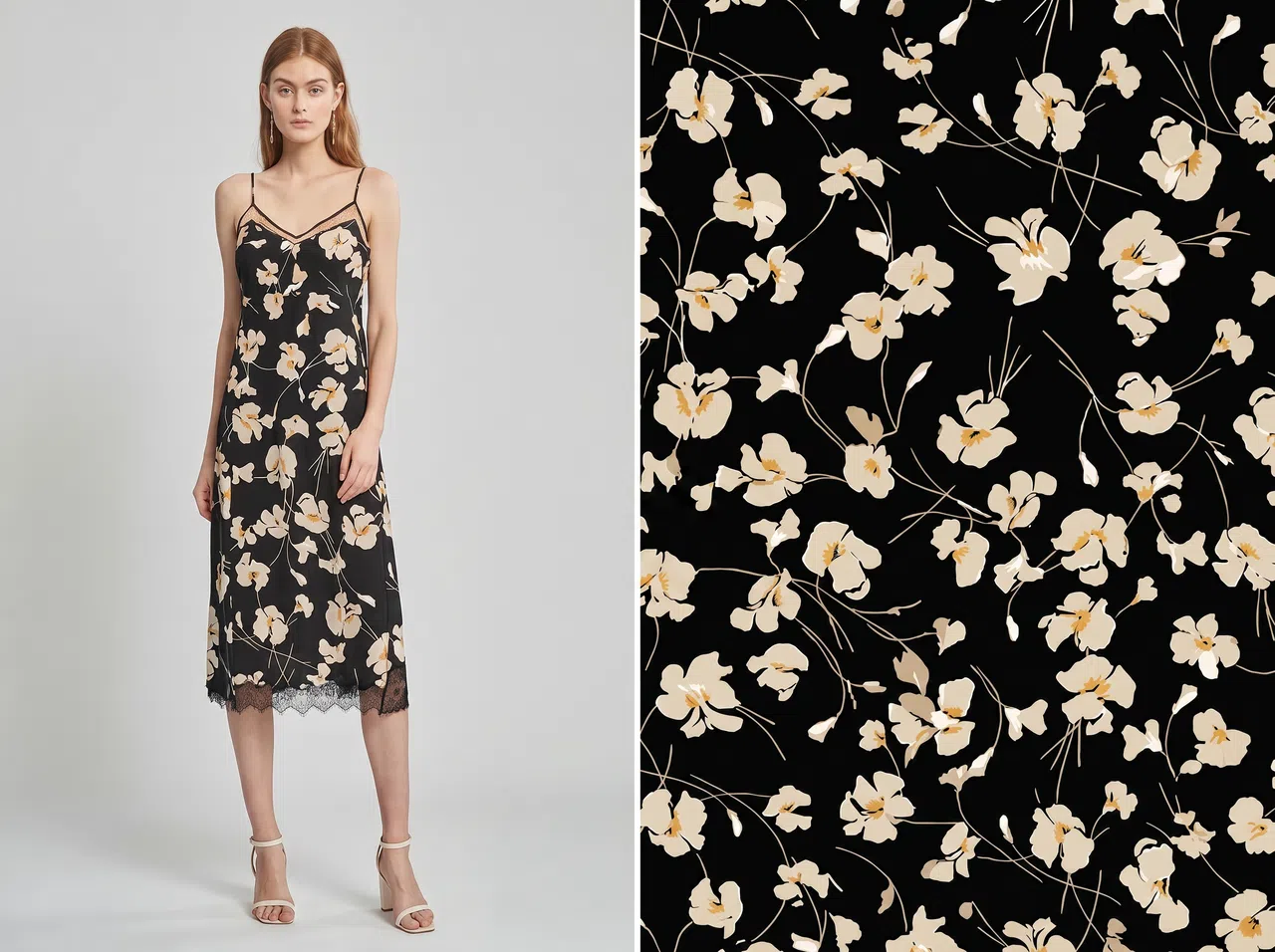 Botika vs Koozee floral dress try-on with fabric pattern detail close-up