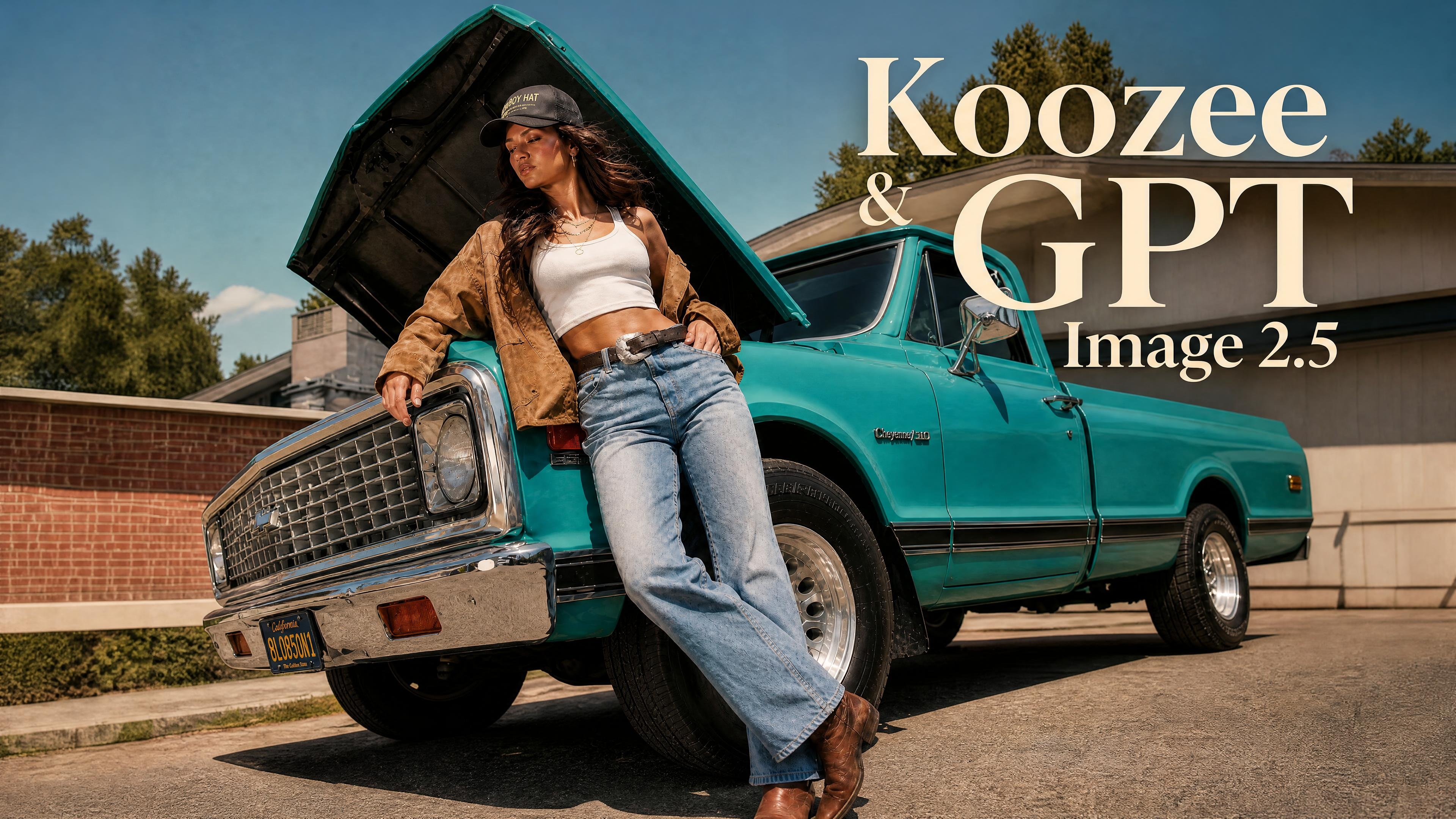 Denim outfit try-on image turned into a fashion campaign poster with Koozee GPT Image 2.5