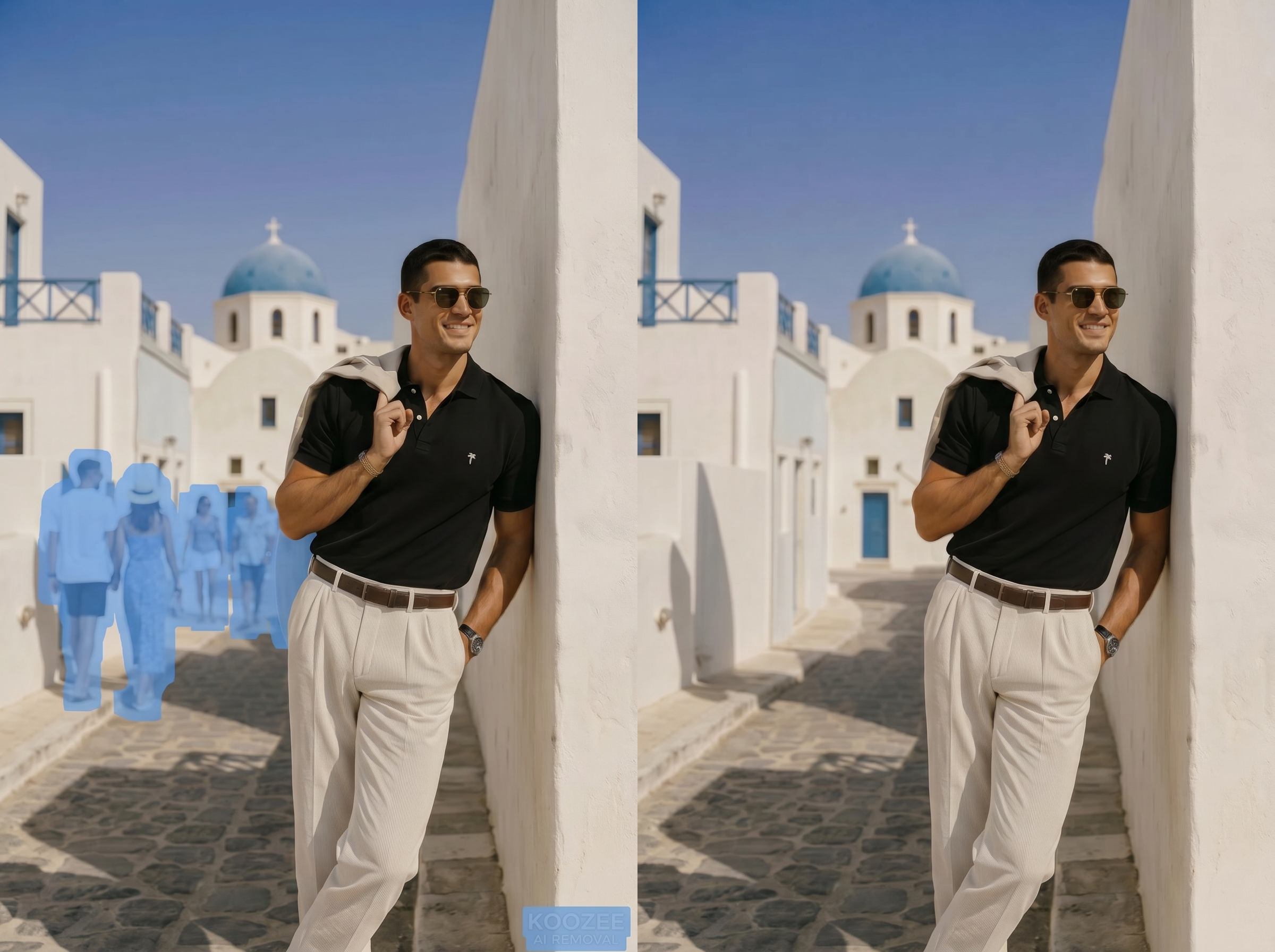 AI auto removal erasing watermarks, text, and people from model photos