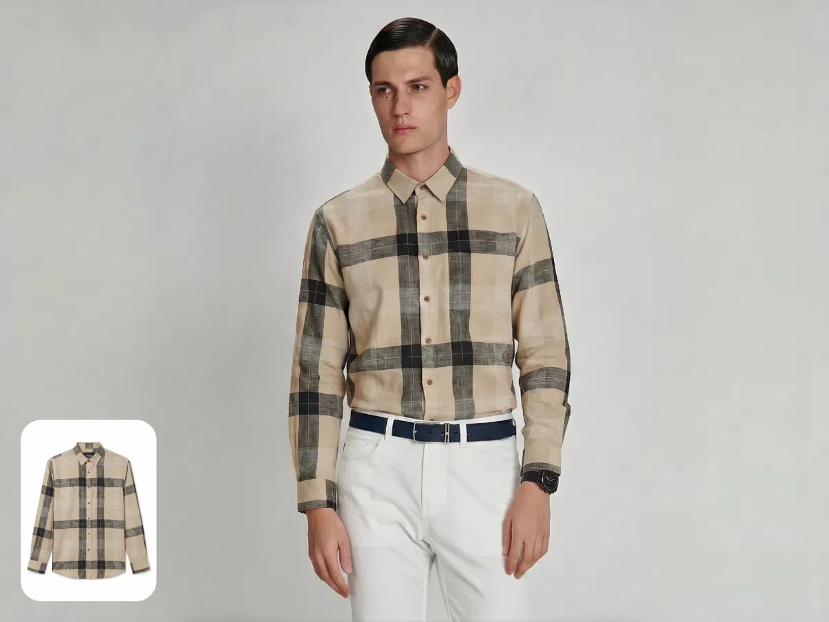 Pebblely vs Koozee plaid shirt product photo turned into an on-model try-on