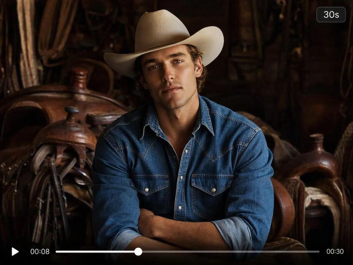 A male model in a denim shirt and cowboy hat sits in a rustic tack room, with a video timeline and playback progress shown at the bottom.