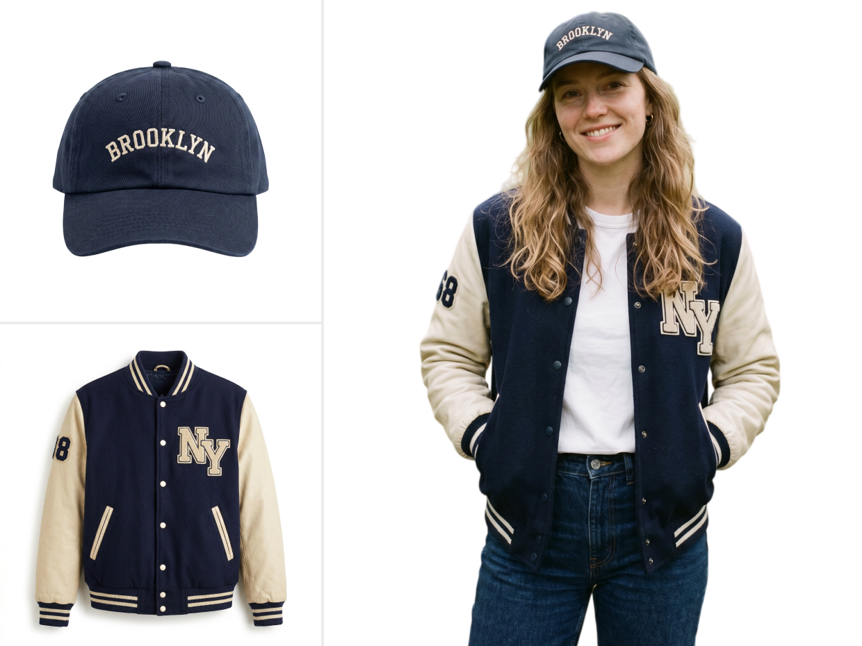 A model wearing a baseball cap and jacket on a white background