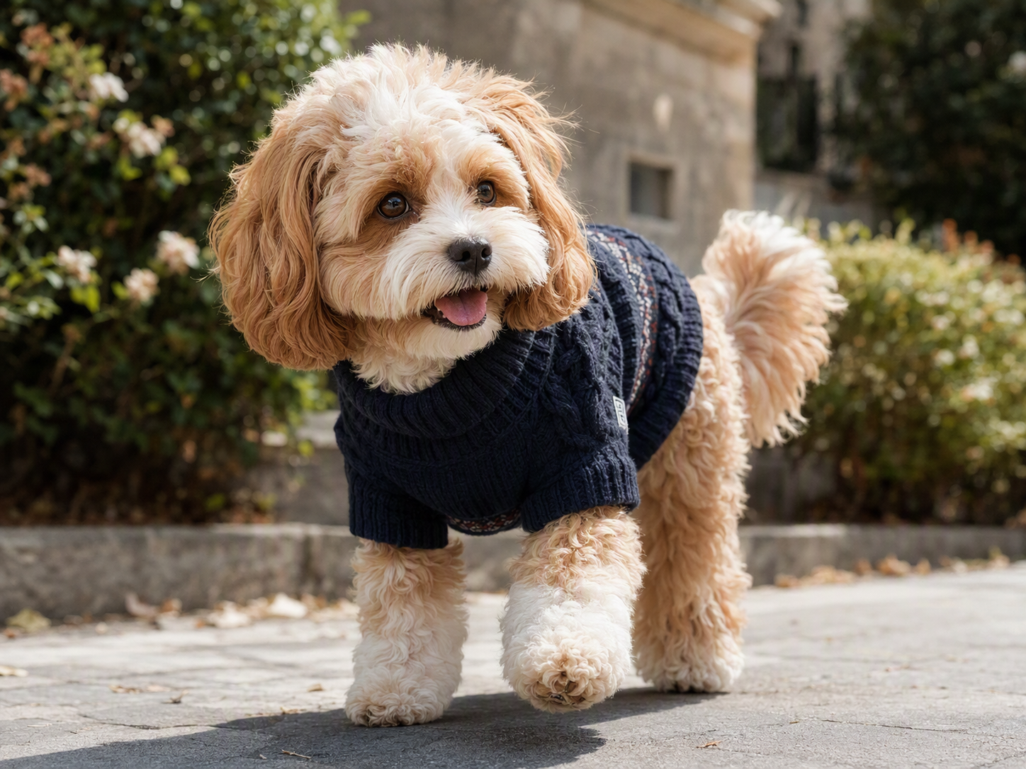 On-dog product visual of a dog wearing a colorful knit sweater for an e-commerce product page