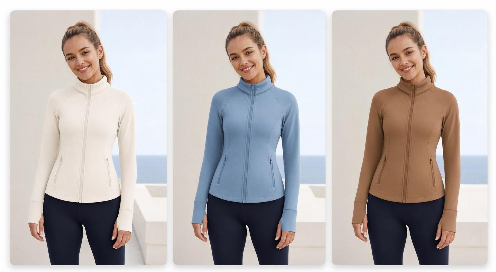 La recoloración con IA generó tres creatividades de ropa deportiva para redes sociales usando a la misma modelo y diferentes colores.