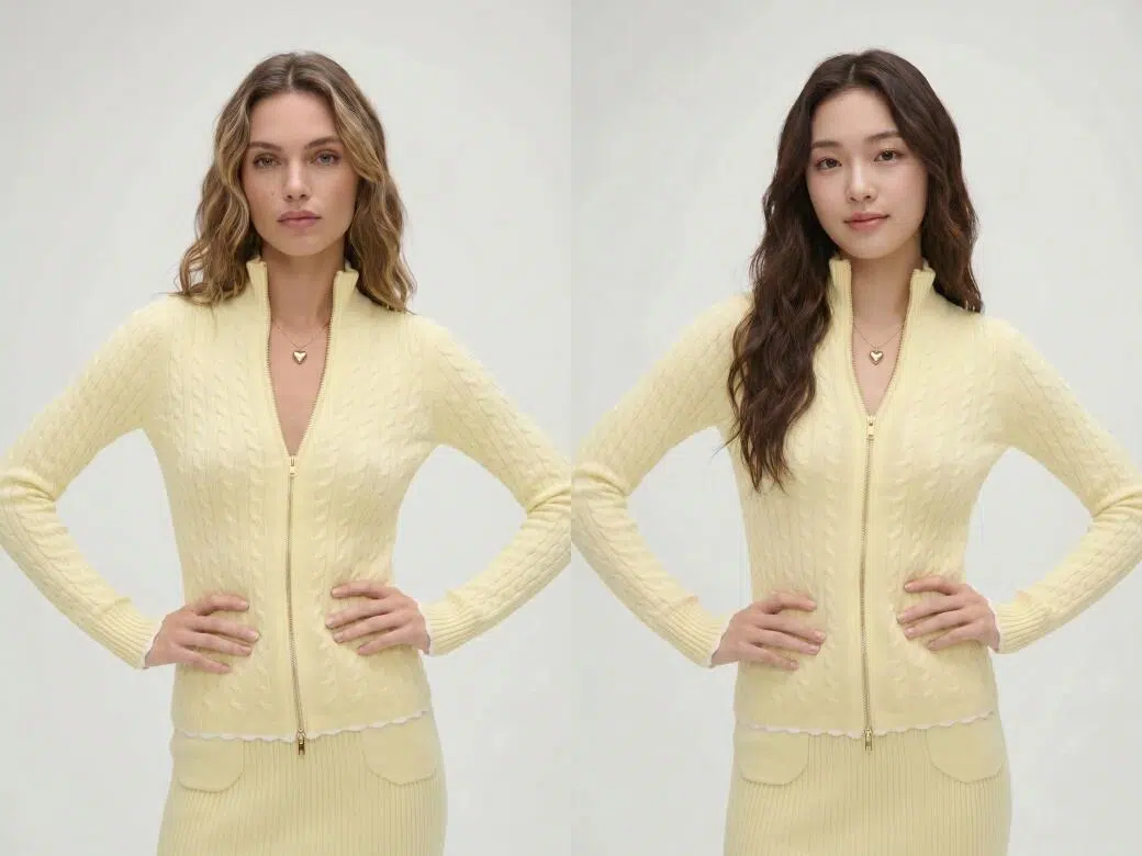Localized fashion model images for different markets generated by KOOZEE AI model swap