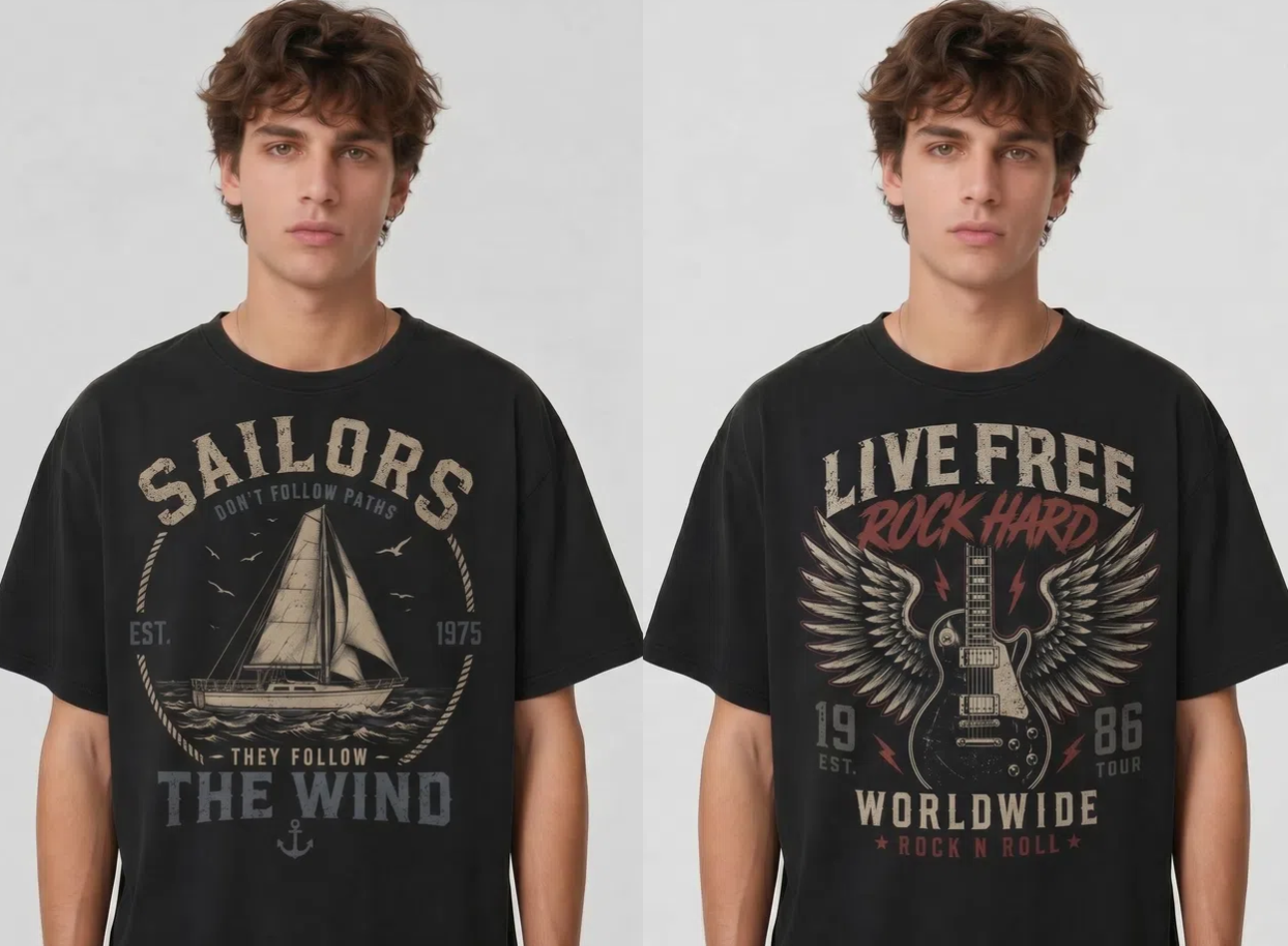 WeShop vs Koozee graphic tee print replacement shown on the same male model
