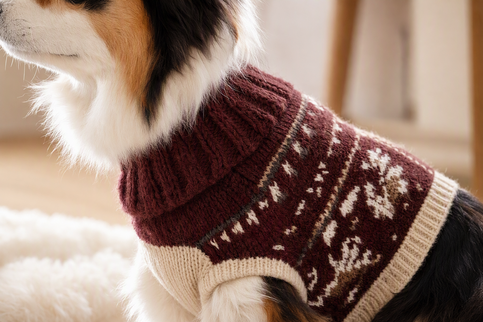 Close-up showing the dog’s coat and face with sweater knit texture, jacquard pattern, and neckline details