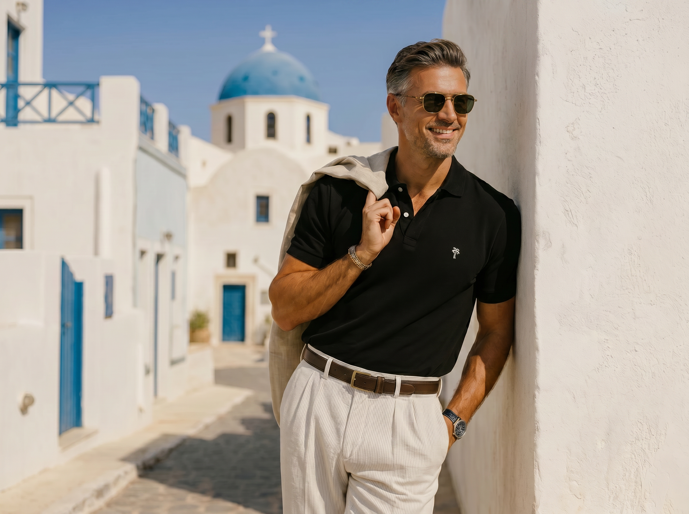 Elegant men's style amid classic blue-and-white alleys