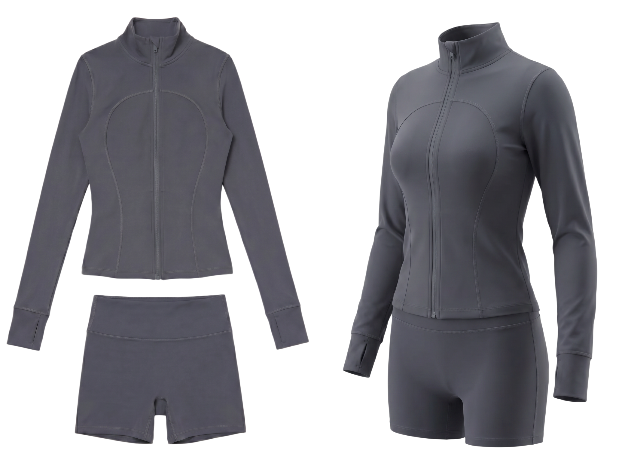 Bitstudio vs Koozee grey activewear set shown as flat lay and ghost mannequin