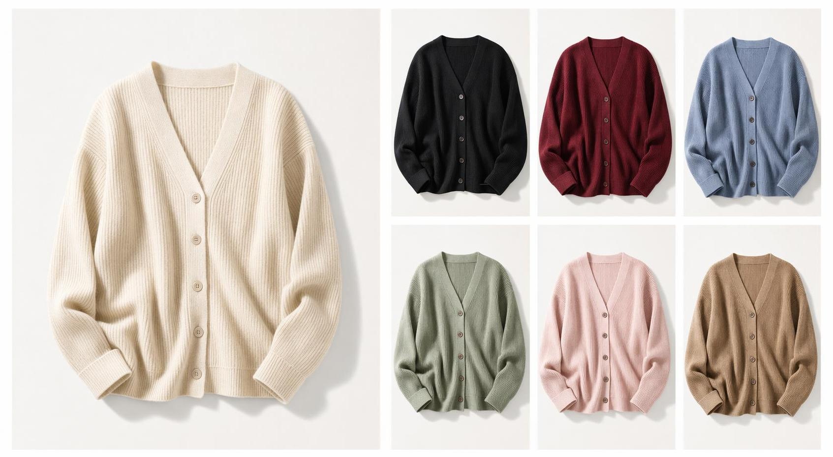 El cambiador de color de ropa con IA transforma la foto de una prenda de punto texturizada en múltiples variantes de color y conserva los detalles de la tela.