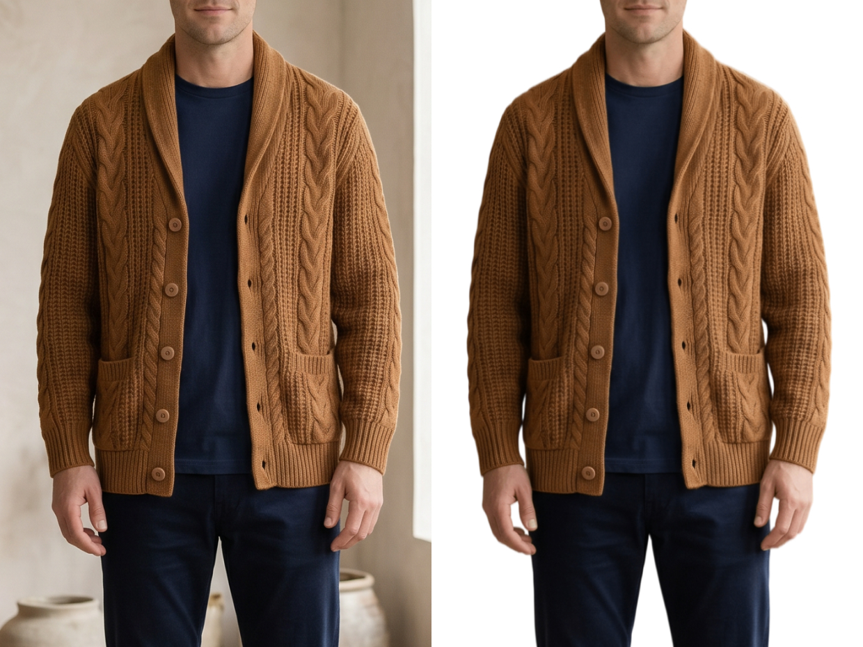 Before-and-after fashion model image with AI background removal