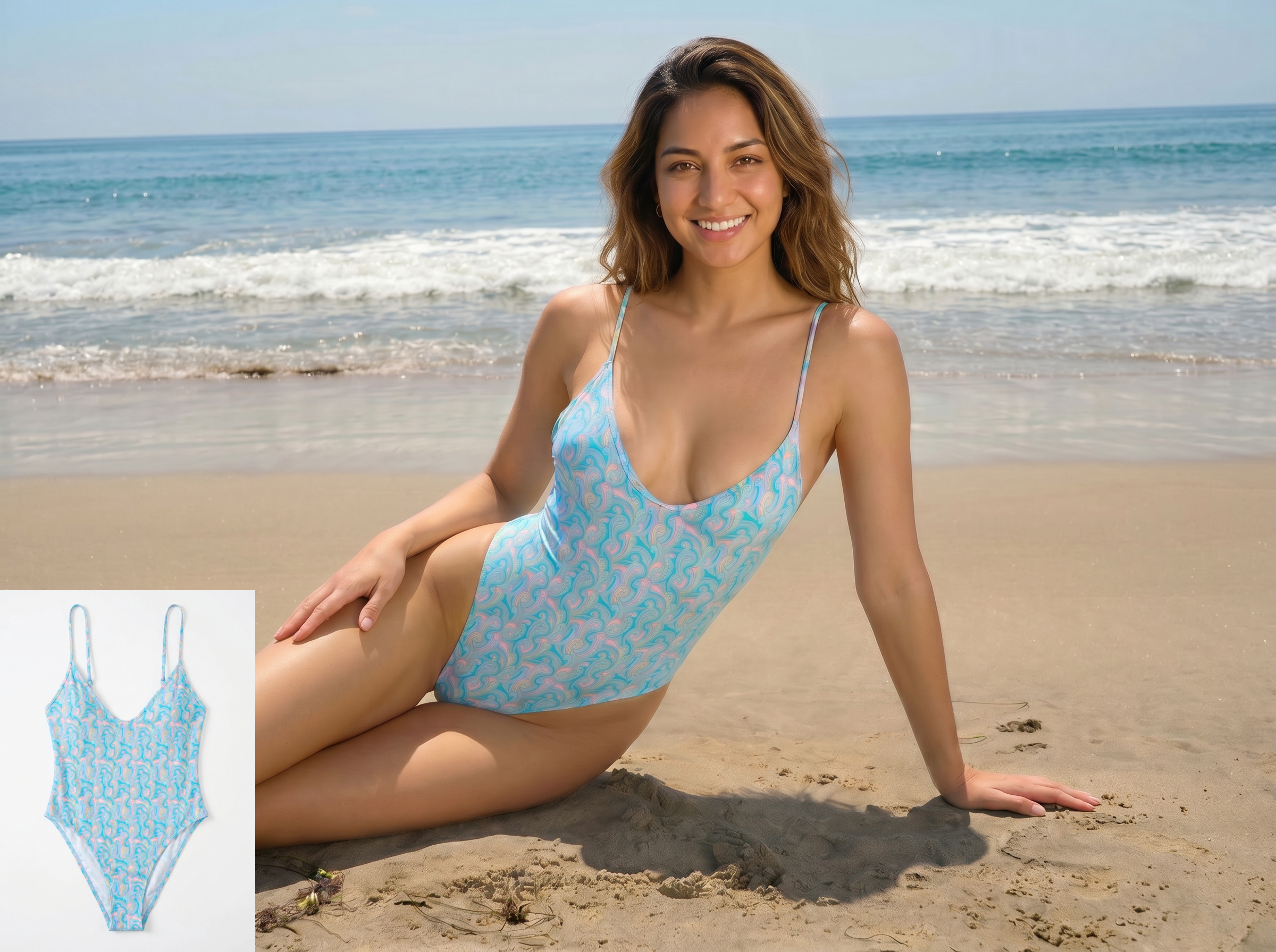 Photoroom vs Koozee swimwear try-on turning a one-piece product photo into a beach shot