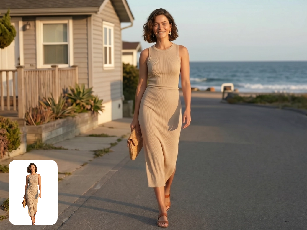 A woman in a beige knit two-piece walks leisurely down a street in a seaside town.