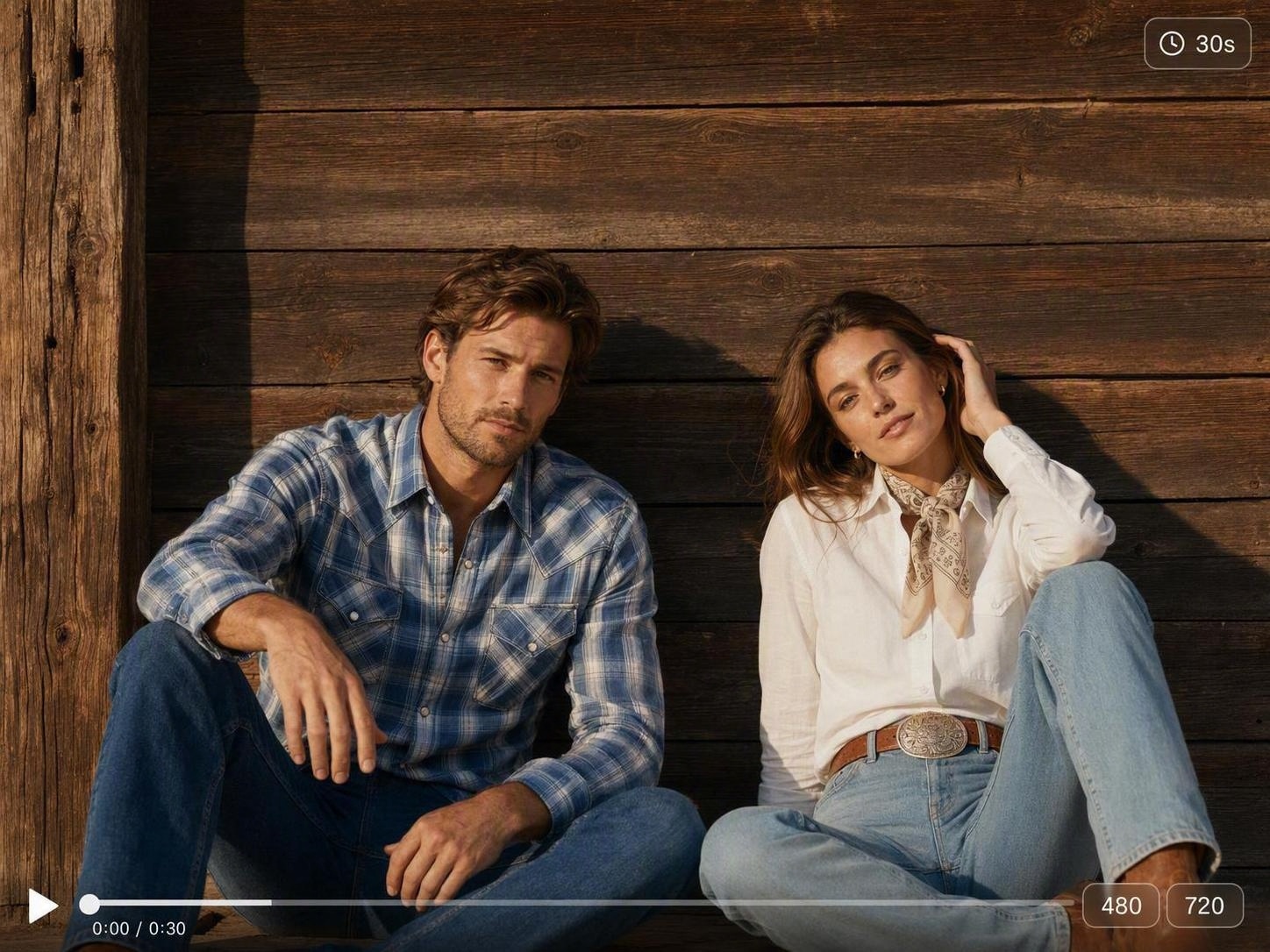 A male and female model in casual denim outfits sit against a wooden wall, with a video progress bar and duration markers on screen.