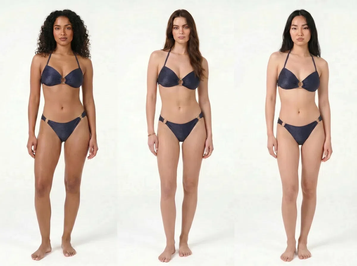KOOZEE generates bikini models in various styles, all wearing the same bikini design