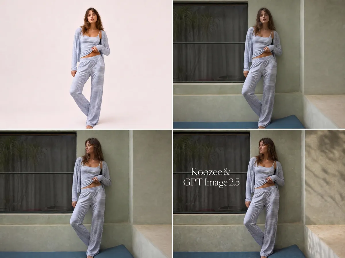 Koozee GPT Image 2.5 builds the background, adjusts the model’s pose, and creates a fashion poster step by step